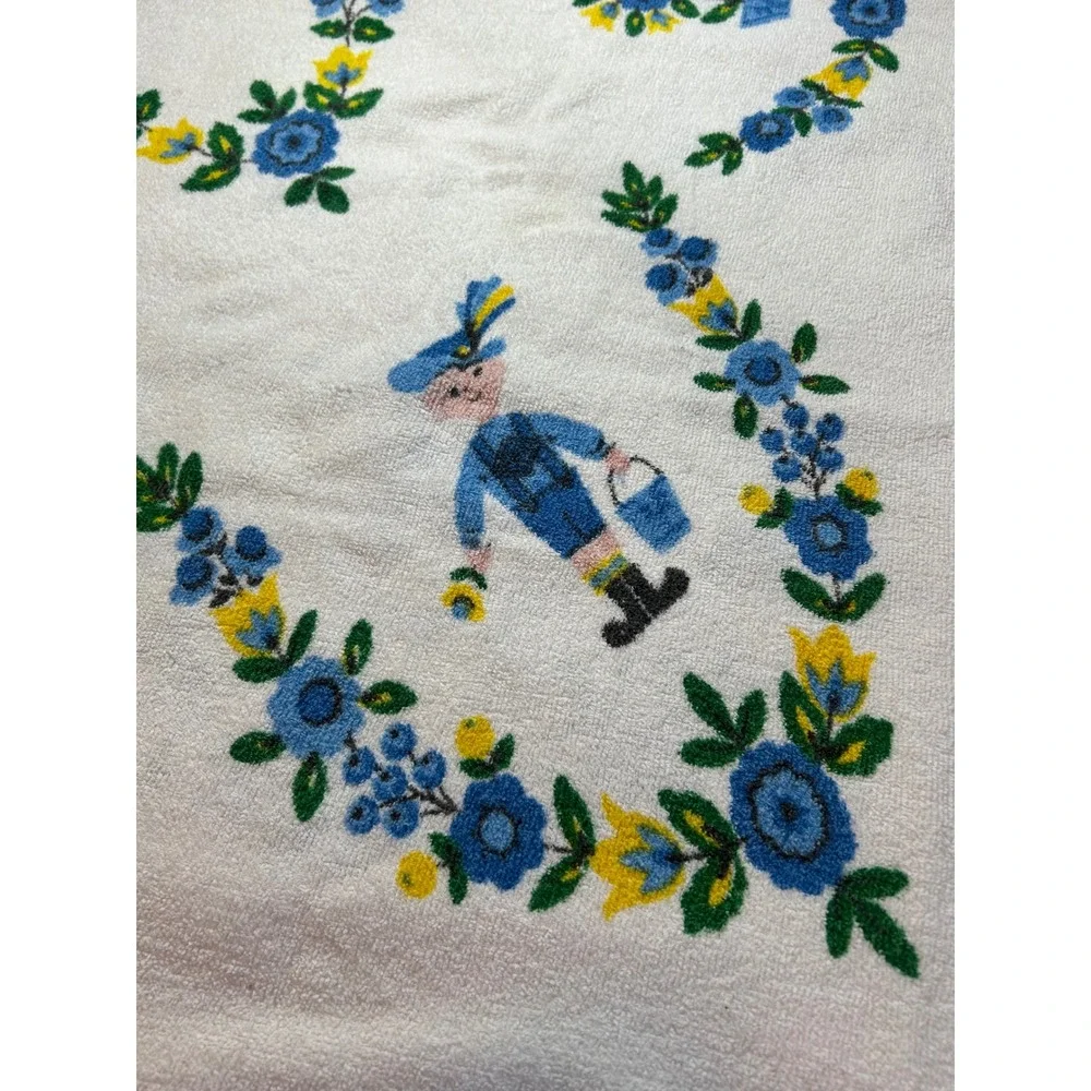 Vintage Folk Art‎ Lederhosen Boy Terry Cloth Tablecloth Floral Blue Yellow 51x46